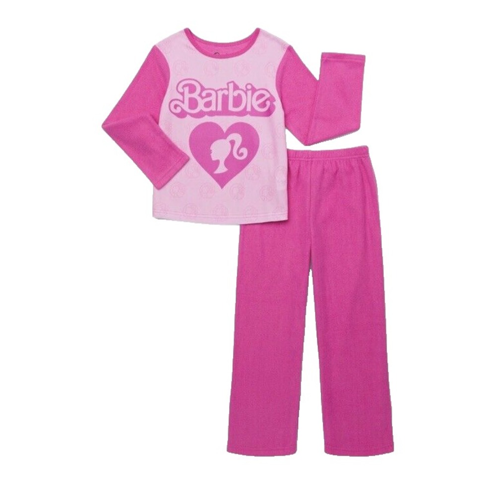 Kids Barbie Pink Long Sleeve Pajama Set Large 10-12 Flame Resistant 2 Piece NEW
